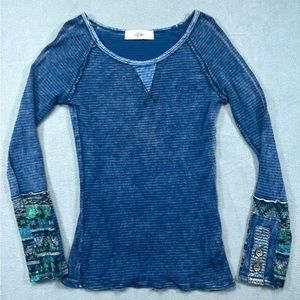 Able Shirt Womens S Small Blue Embelished Aztec Cuff  USA Top Blouse Ladies